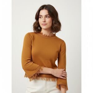 Honey Punch Mustard Yellow Split Back Fringe Trimmed 3/4 Sleeve Blouse Size XS